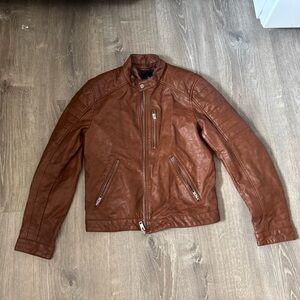 H&M Men's Cognac Brown Leather Bomber Jacket